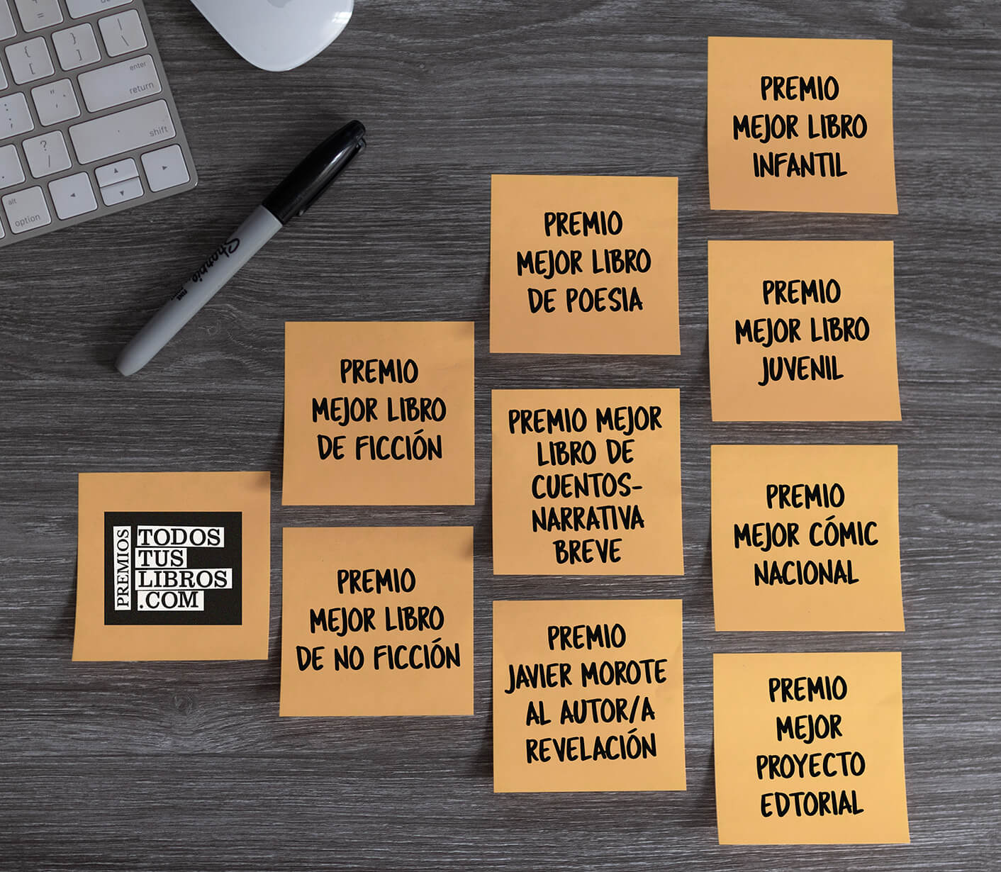 Montaje donde se ven varios post-it con las diferentes categorías de los premios todos tus libros